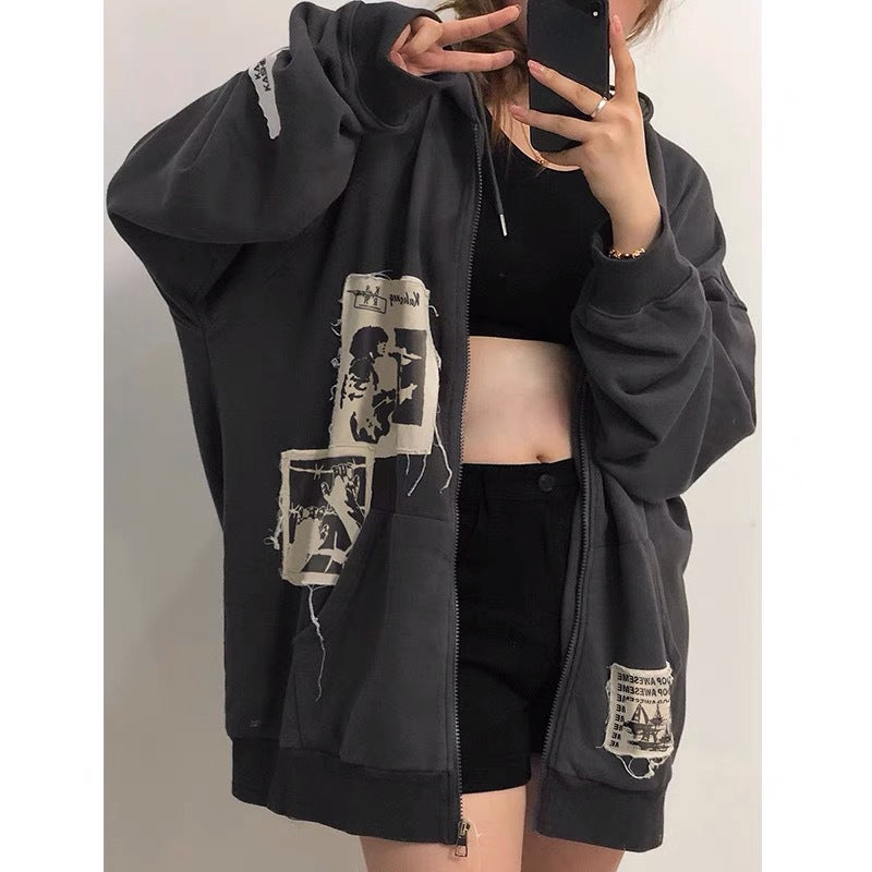 Vintage Brown Graffiti Print Hooded Sweatshirt